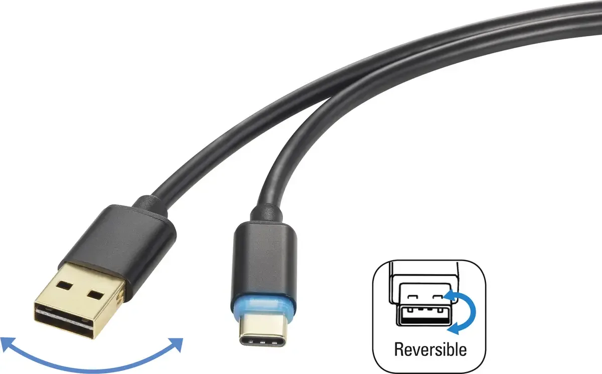 Câble USB USB 2.0 USB-A mâle, USB-C® mâle 1.50 m noir connecteur utilisable des deux cotés RF-4758090 de Renkforce en Noir – photo produit