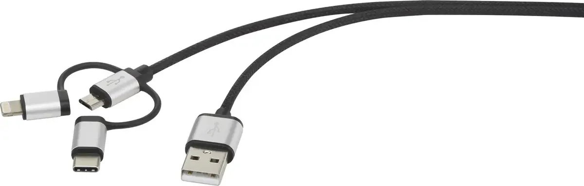 USB-kabel USB 2.0 USB-A-hanstik, USB-C® stik, USB-micro-B-hanstik, Apple Lightning-stik 1.50 m sleeved RF3334580 fra Renkforce i Mørkegrå – produktbillede