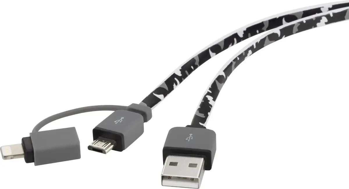 USB-kabel USB 2.0 USB-A-hanstik, USB-micro-B-hanstik, Apple Lightning-stik 0.20 m Flad variant, ekstremt fleksibelt RF4145364 fra Renkforce i Camouflage – produktbillede