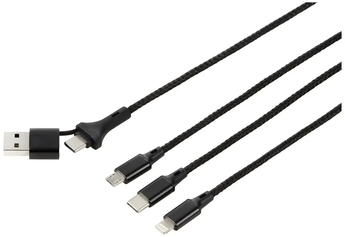 USB-Ladekabel USB 2.0 USB-A Stecker, USB-C® Stecker, USB-Micro-B Stecker, Apple Lightning Stecker, USB-C® Stecker 3.00 m Alcantara-Schwarz von Renkforce – Produktfoto