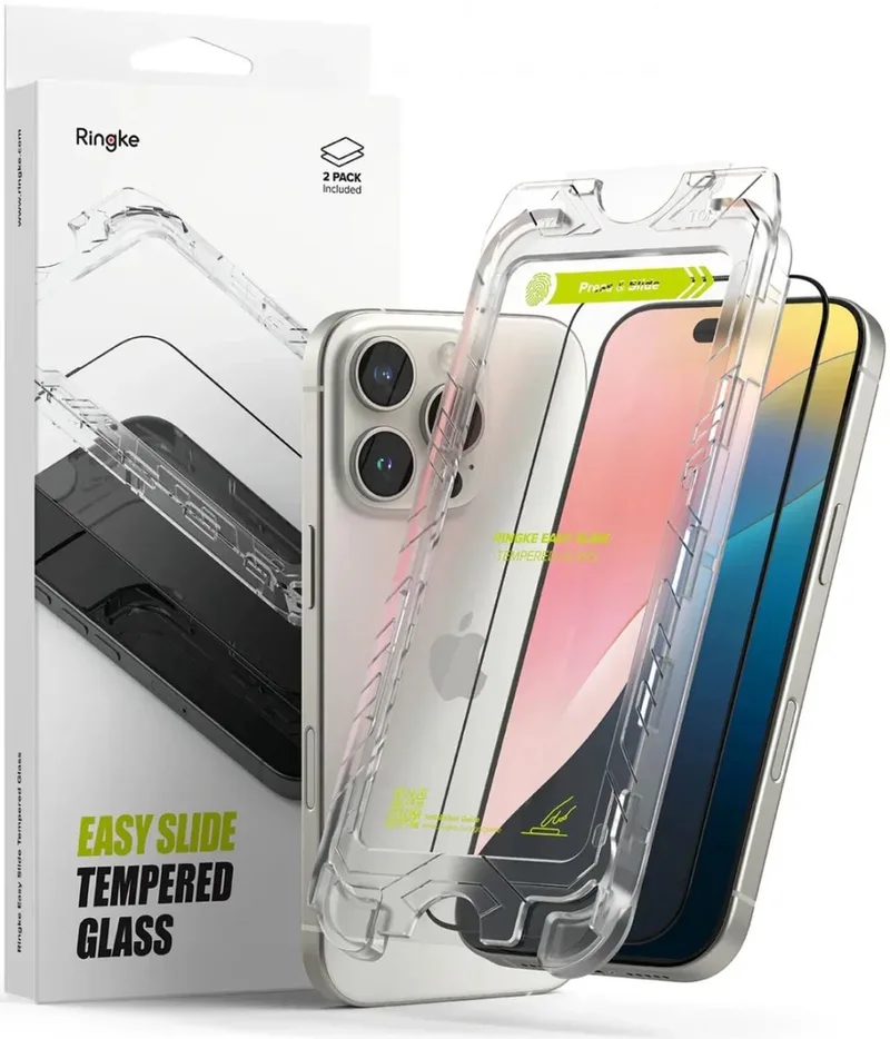 Easy Slide Geschikt voor Apple iPhone 16 Pro | Screen Protector met Jig | 9H Volledig Dekkend Tempered Glass | Case Friendly | Gemakkelijke Installatie | 2-Pack fra Ringke – produktbillede