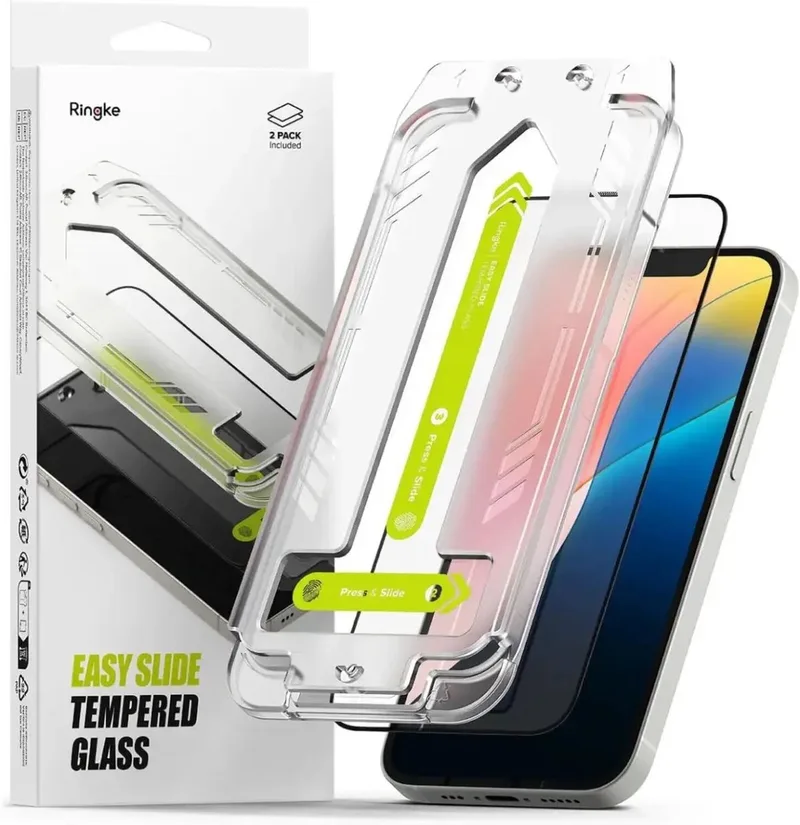 Easy Slide Geschikt voor Apple iPhone 17e/16e/14/13/13 Pro | Screen Protector met Jig | 9H Volledig Dekkend Tempered Glass | Case Friendly | Gemakkelijke Installatie | 2-Pack fra Ringke – produktbillede