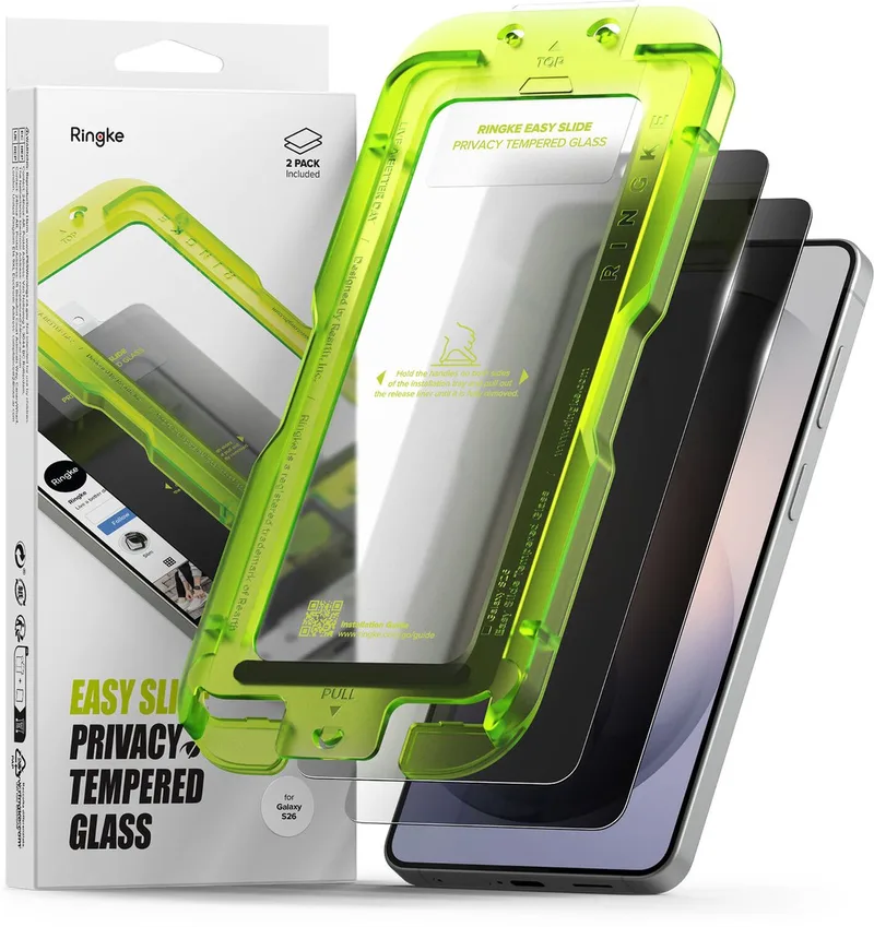 Easy Slide Privacy Geschikt voor Samsung Galaxy S26 | Screen Protector met Jig | 9H Volledig Dekkend Tempered Glass | Case Friendly | Anti-Spy | Gemakkelijke Installatie | 2-Pack van Ringke – productfoto