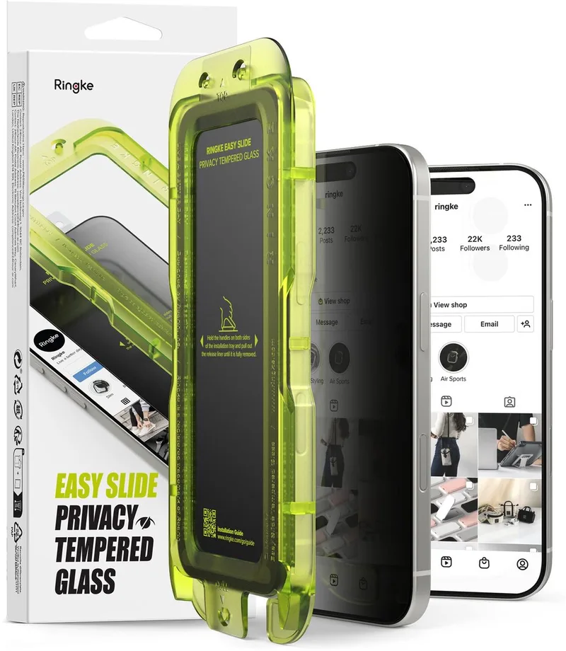 Easy Slide Privacy Glass Geschikt voor Apple iPhone 17 | Screen Protector met Jig | 9H Volledig Dekkend Tempered Glass | Case Friendly | Anti-Spy | Gemakkelijke Installatie | 2-Pack by Ringke – product photo