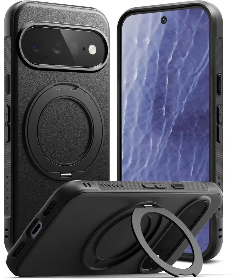 Onyx Ring | Hoesje Geschikt voor Google Pixel 11 | Compatibel met MagSafe / Qi2 | 360° Draaibare Magnetische Standaard | Back Cover Kickstand Ring | Militaire Standaard van Ringke in Zwart – productfoto