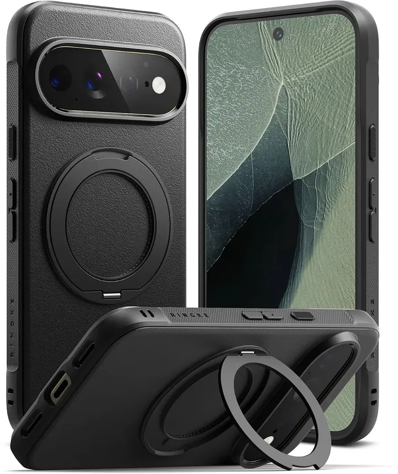 Onyx Ring | Hoesje Geschikt voor Google Pixel 11 Pro XL | Compatibel met MagSafe / Qi2 | 360° Draaibare Magnetische Standaard | Back Cover Kickstand Ring | Militaire Standaard van Ringke in Zwart – productfoto