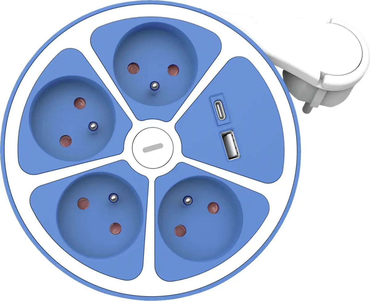 ROLINE 4-voudige stekkerdoos met schakelaar, rond, UTE-uitvoering, USB-oplader A+C, blauw, 1,5 m van Roline – productfoto