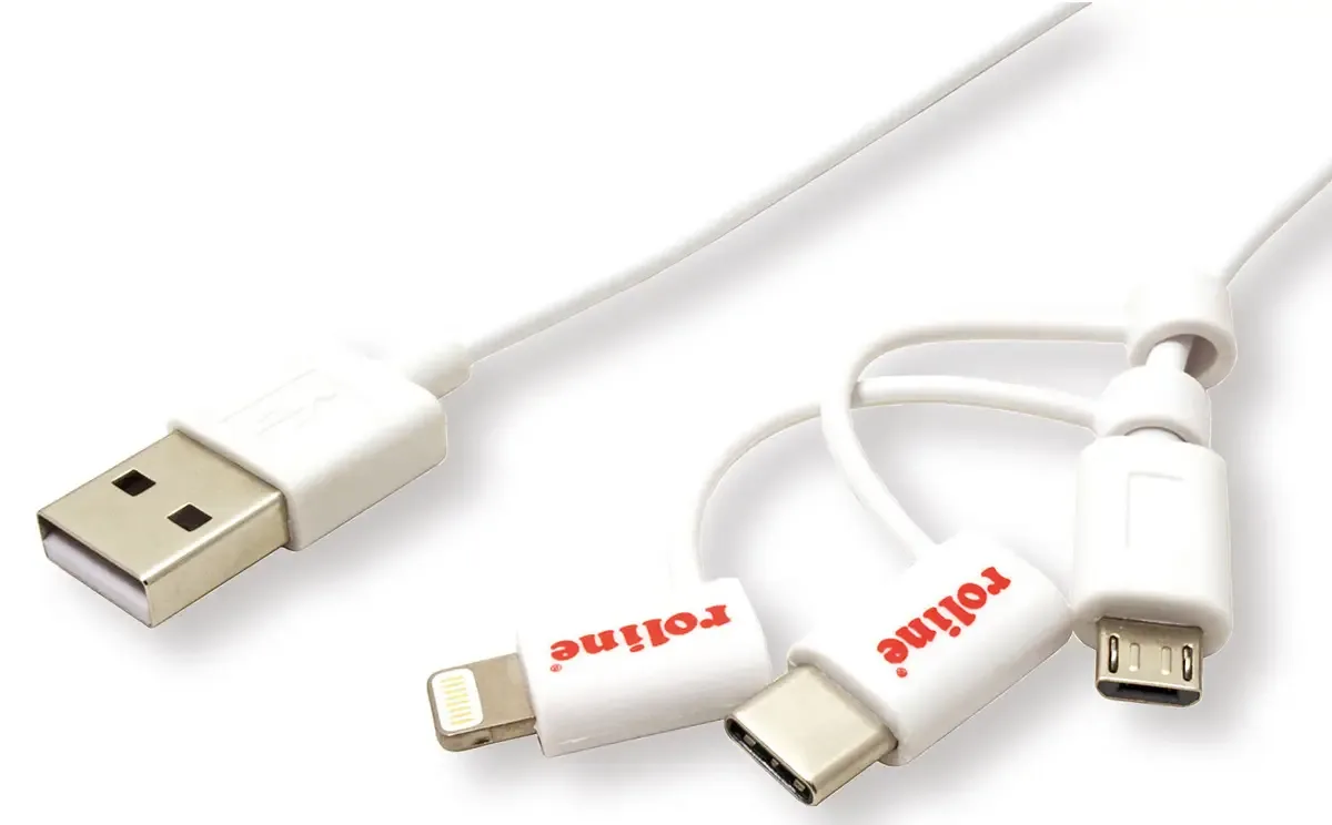 USB 2.0 Sync- & Ladekabel, USB-A - USB-C / 8-Pin / USB MicroB, weiß, 1 m från Roline – produktbild