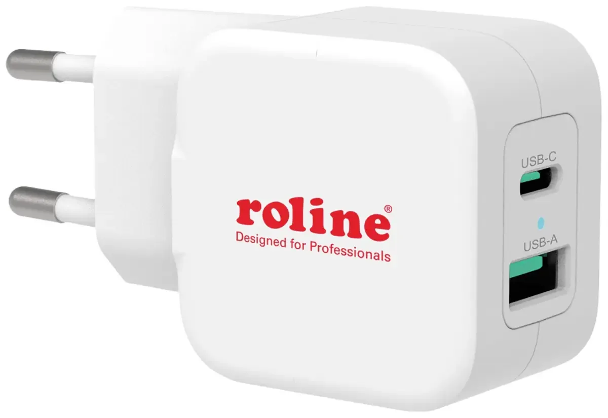 USB Charger mit Euro-Stecker, 2 Port (Typ-A QC3.0, Typ-C PD), 20W van Roline – productfoto