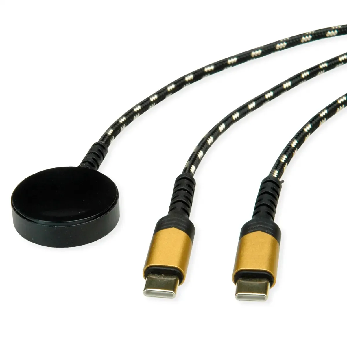 USB Split-Ladekabel, bis 60W + Ladepad (bis 15W), für Apple-Geräte, Typ C - C, schwarz / gold, 1,2 m fra Roline – produktbillede