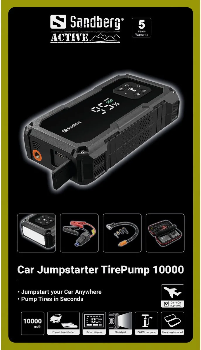 Powerbank - Auto jumpstarter - 150 PSI Luchtpomp voor fiets & auto - LED zaklamp - 10.000 mAh - 5 jaar garantie - Noodpakket by Sandberg in Black – product photo