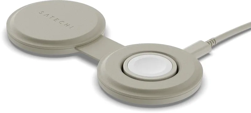 OntheGo 2-in-1 Draadloze Oplader – Compact en Duurzaam Ontwerp – Snelladen tot 15W – Geschikt voor Op Reis en Thuisgebruik från Satechi i Beige – produktbild