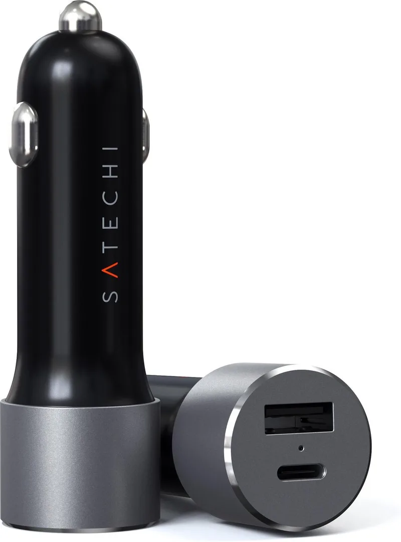 Satechi 2-poorts Autolader (72W) – Laadt Twee Apparaten Tegelijk – USB-C PD-poort 60W – USB-A-poort 12W fra Satechi i Grå – produktbillede