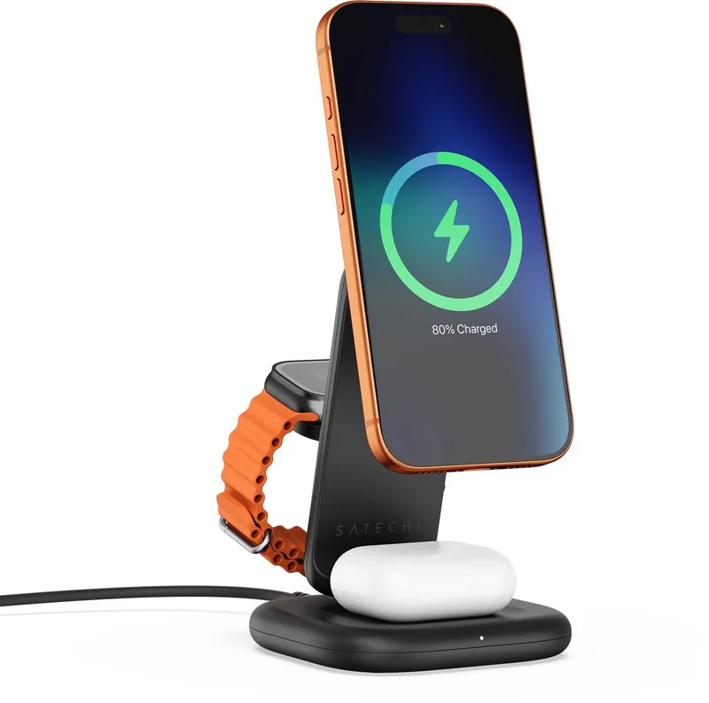 Satechi 3-in-1 inklapbaar Qi2.2 draadloze oplaad stand – 25W Snelladen – Geïntegreerde opladers voor AirPods en Apple Watch – Compact en opvouwbaar ontwerp voor gemak by Satechi in Black – product photo
