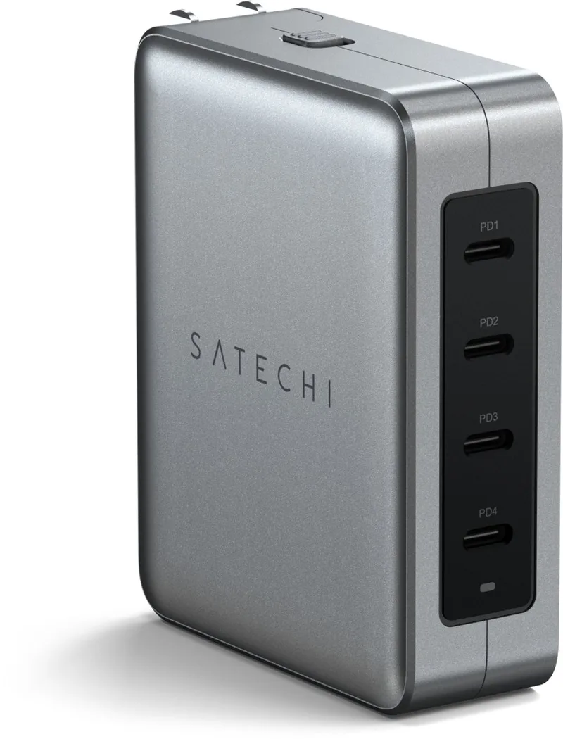 USB-C 4-port GaN travel oplader (145W) – Compact formaat (96mm x 76mm x 31mm) – Lichtgewicht (346g) – Inclusief UK, EU, AU-adapters van Satechi in Grijs – productfoto