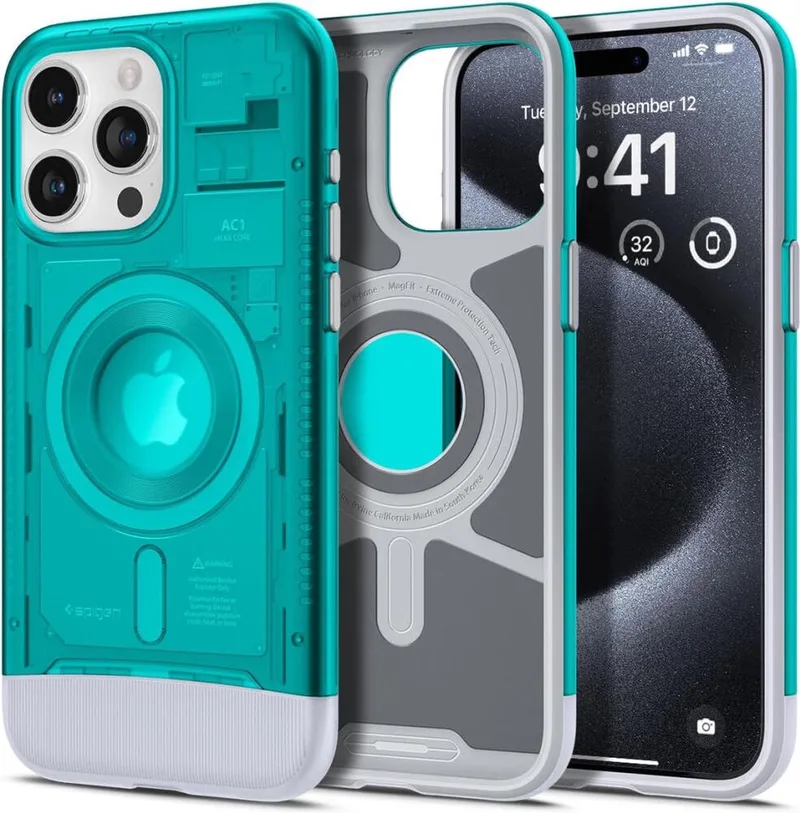 Classic C1 MagFit Hoesje Geschikt voor Apple iPhone 15 Pro - Compatibel met MagSafe - Retro Back Cover van Spigen in Blauw – productfoto