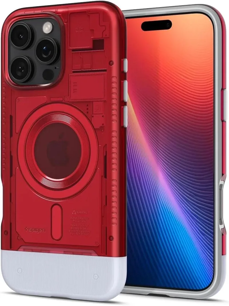 Classic C1 MagFit Hoesje Geschikt voor Apple iPhone 16 Pro - Compatibel met MagSafe - Retro Back Cover van Spigen in Rood – productfoto