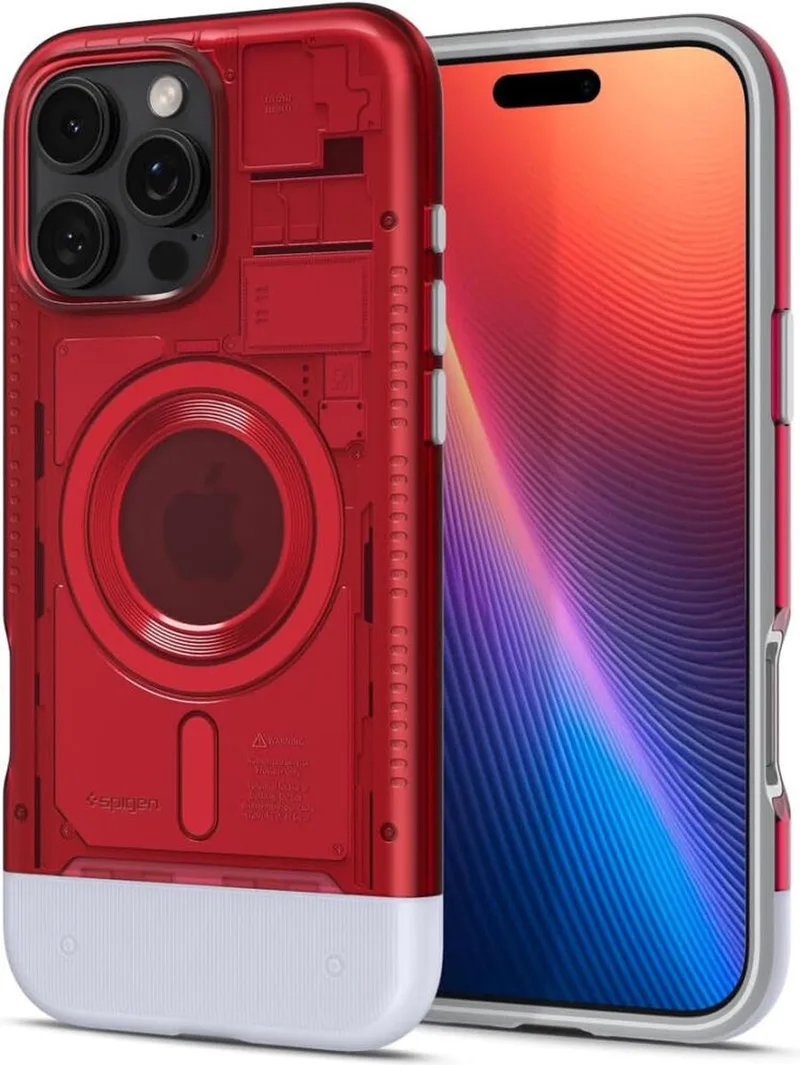 Classic C1 MagFit Hoesje Geschikt voor Apple iPhone 16 Pro Max - Compatibel met MagSafe - Retro Back Cover van Spigen in Rood – productfoto