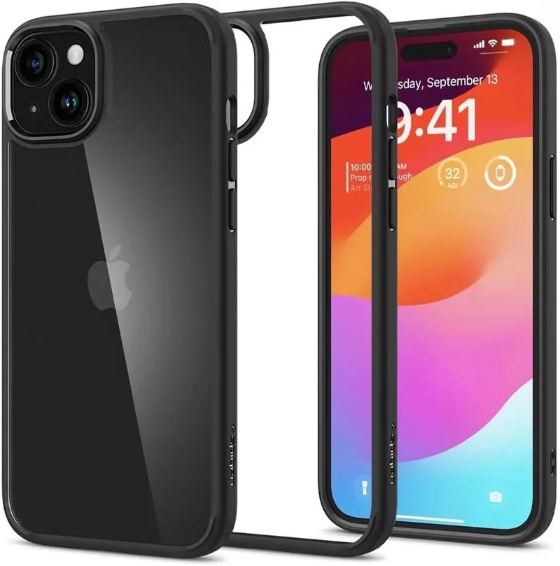 Crystal Hybrid | Hoesje Geschikt voor Apple iPhone 15 Plus | Back Cover | Militaire Standaard | Air Cushion | Transparant von Spigen in Schwarz – Produktfoto