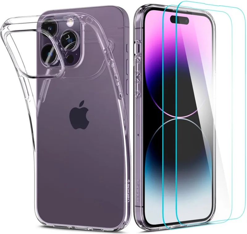 Crystal Pack iPhone 14 Pro hoesje met screenprotector van Spigen in Crystal Clear – productfoto