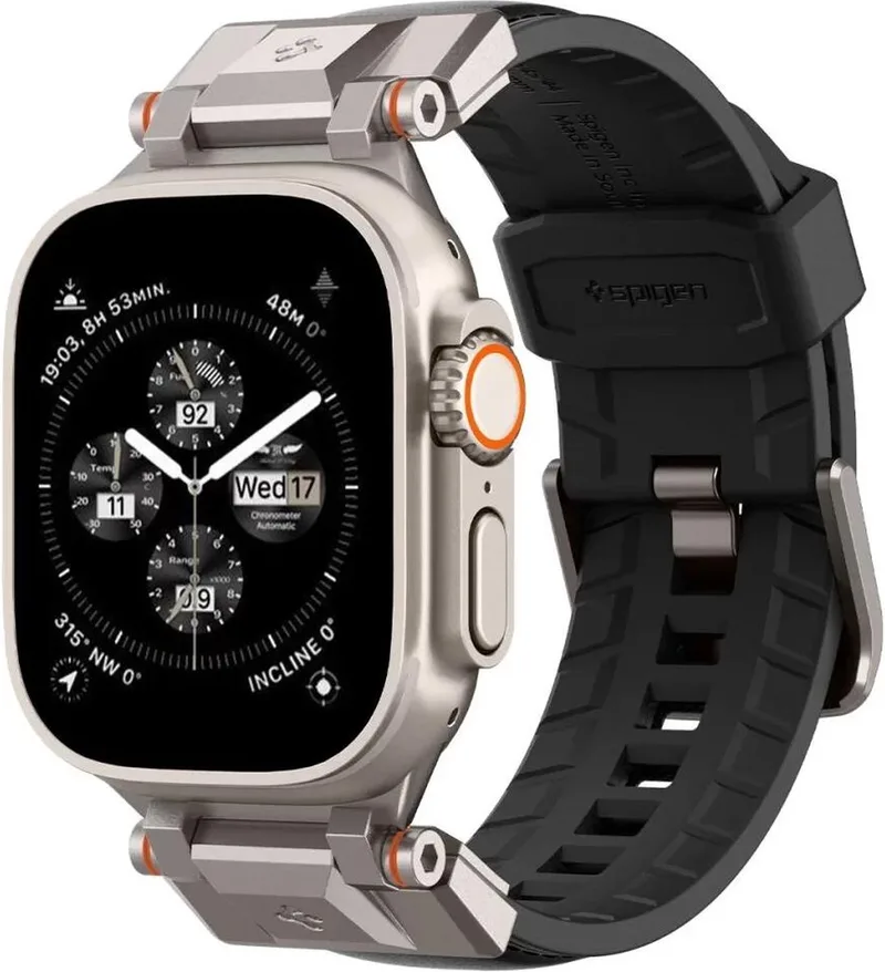 DuraPro Armor PU Bandje voor Apple Watch 1/2/3/4/5/6/7/8/9/10/SE/Ultra - 49MM / 46MM / 45MM / 44MM / 42MM van Spigen in Zwart – productfoto