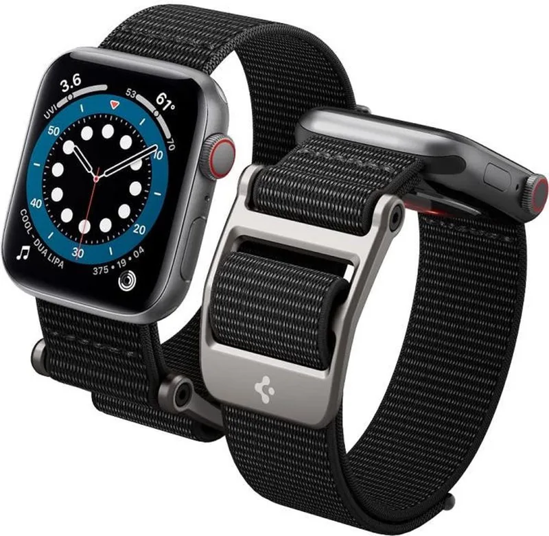 DuraPro Flex Geschikt voor Apple Watch 1/2/3/4/5/6/7/8/9/SE/Ultra 45/44/42MM Bandje Nylon van Spigen in Zwart – productfoto