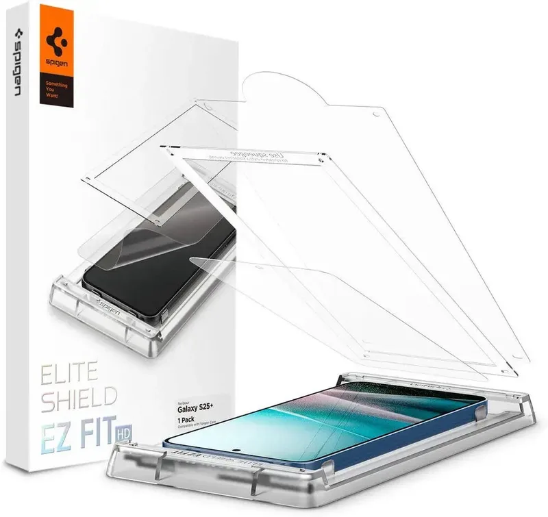 EliteShield EZ Fit - Screen Protector Geschikt voor Samsung Galaxy S25 Plus - Fingerprint Friendly Plastic Folie met Tray - Gemakkelijke Installatie - 1-Pack van Spigen – productfoto