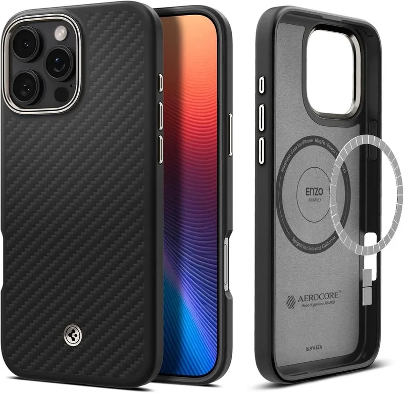 Enzo Aramid Hoesje Geschikt voor Apple iPhone 16 Pro Max - Aramide Back Cover - Compatibel met MagSafe - Militaire Standaard - Matte från Spigen i Svart – produktbild