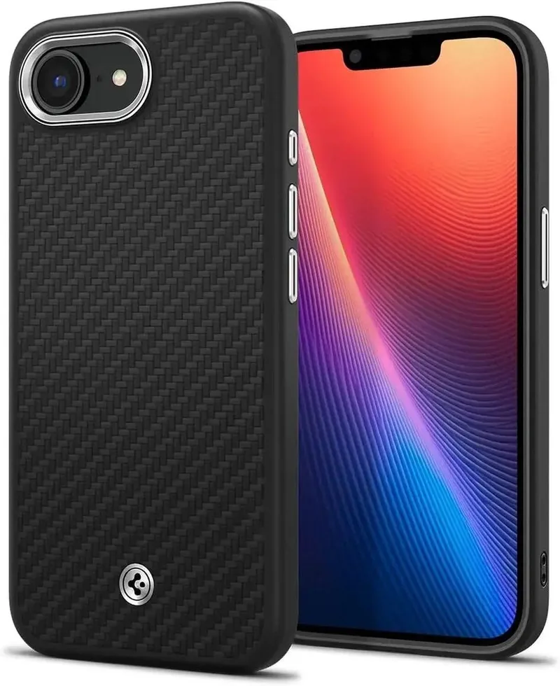 Enzo Aramid Hoesje Geschikt voor Apple iPhone 17e / 16e - Aramide Back Cover - Compatibel met MagSafe / Qi2 - Militaire Standaard - Matte von Spigen in Schwarz – Produktfoto