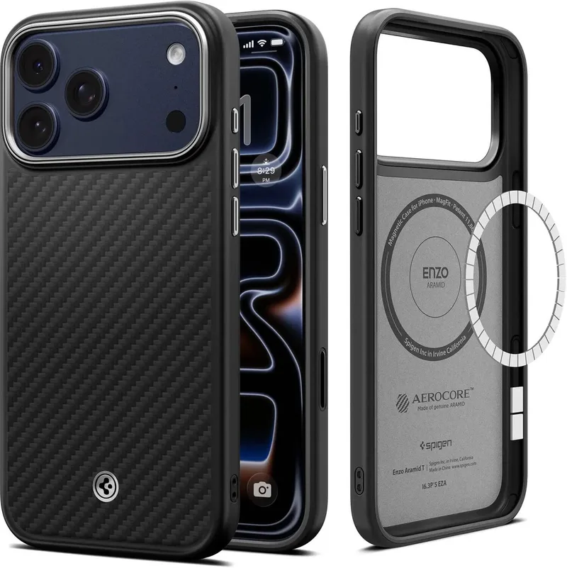 Enzo Aramid Hoesje Geschikt voor Apple iPhone 18 Pro / 17 Pro - Aramide Back Cover - Compatibel met MagSafe / Qi2 - Militaire Standaard - Matte Gunmetal från Spigen i Svart – produktbild
