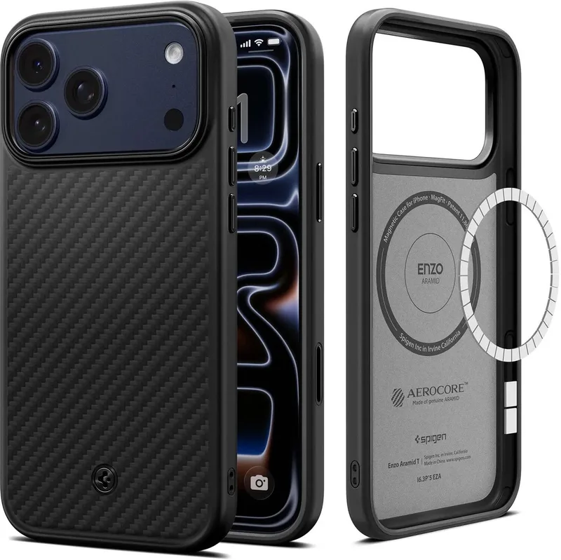 Enzo Aramid Hoesje Geschikt voor Apple iPhone 18 Pro Max / 17 Pro Max - Aramide Back Cover - Compatibel met MagSafe / Qi2 - Militaire Standaard - Matte van Spigen in Zwart – productfoto