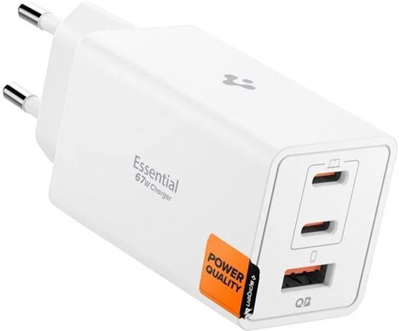Essential EE673EU 67W GaN Snellader USB-A/USB-C met Power Delivery de Spigen en Blanc – photo produit