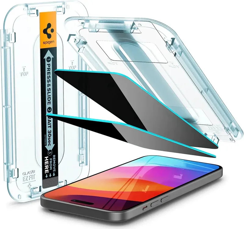 EZ Fit Glas.tR Apple iPhone 16 / 15 Plus Privacy Glass (2-Pack) från Spigen – produktbild