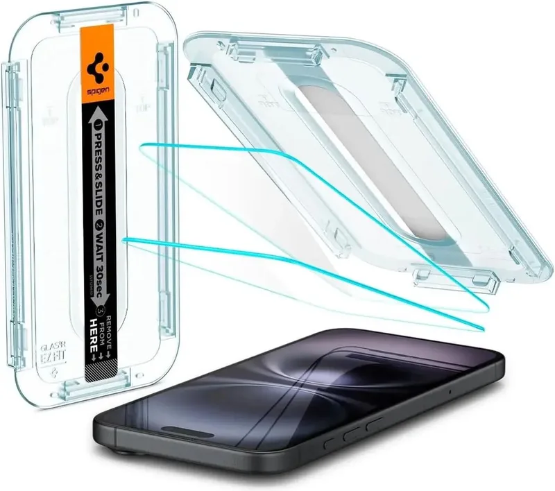 EZ Fit GLAS.tR Apple iPhone 16 / 15 Screen Protector Clear (2-Pack) van Spigen – productfoto