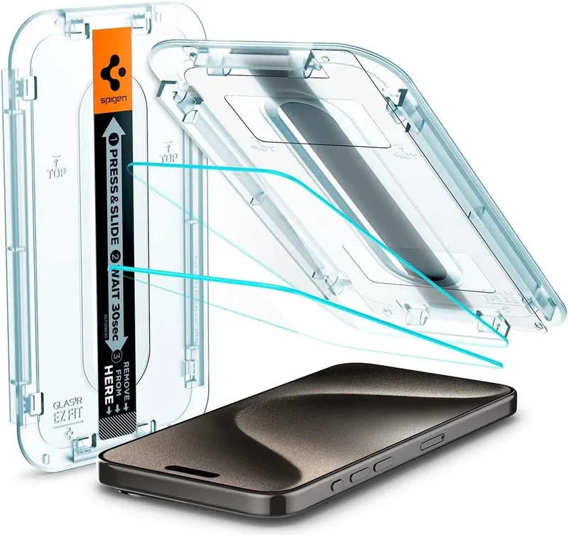 EZ Fit GLAS.tR iPhone 15 Pro Max Screen Protector Transparant 2-Pack fra Spigen – produktbillede