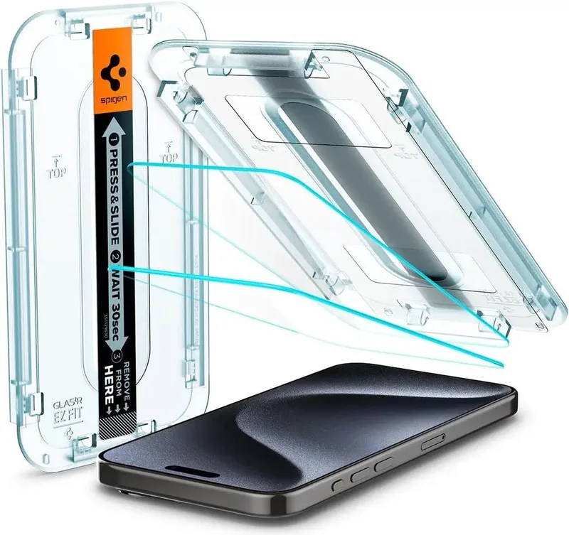 EZ Fit GLAS.tR iPhone 15 Pro Screen Protector Clear (2-Pack) från Spigen – produktbild