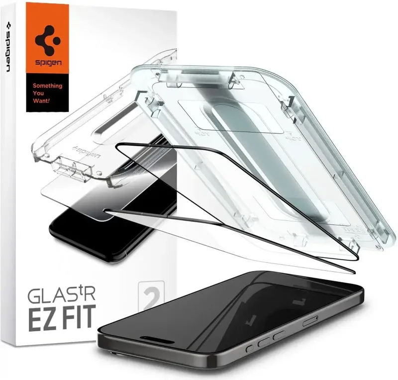EZ Fit GLAS.tR iPhone 15 Pro Screen Protector Zwart (2-Pack) från Spigen – produktbild