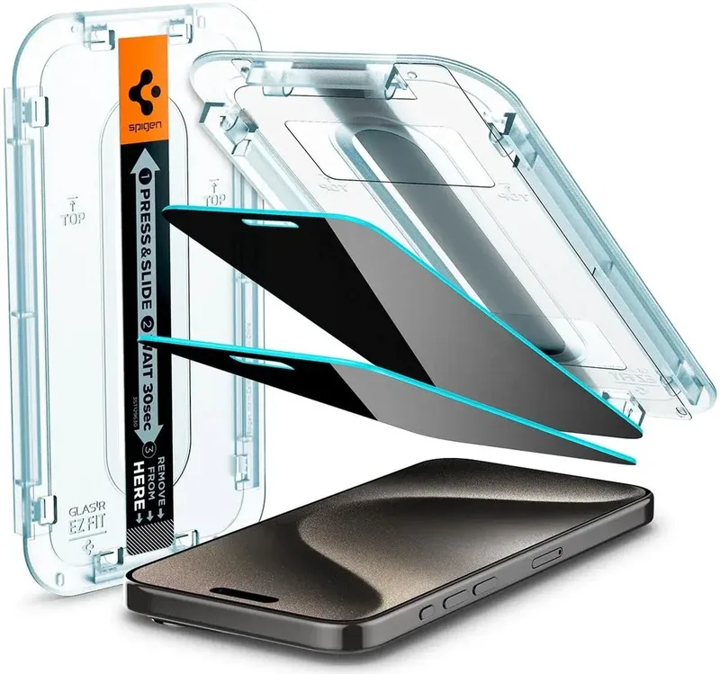 EZ Fit Glas.tR Privacy Glass (2-Pack) Geschikt voor Apple iPhone 15 Pro Max von Spigen – Produktfoto