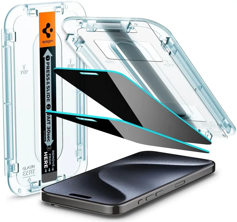 EZ Fit Glas.tR - Screen Protector Geschikt voor Apple iPhone 15 Pro - Privacy Glass - Case Friendly - Gemakkelijke Installatie - 2-Pack von Spigen – Produktfoto