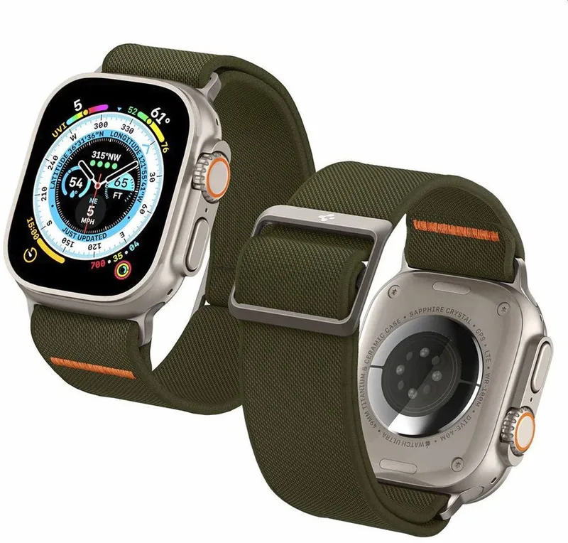 Fit Ultra Apple Watch 1/2/3/4/5/6/7/8/9/10/SE/Ultra 42/44/45/4649MM Bandje Khaki von Spigen in Grün – Produktfoto