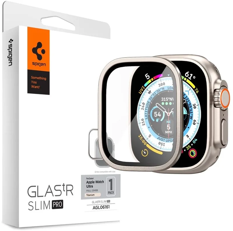 Glas.tR Slim Pro - Screen Protector Geschikt voor Apple Watch Ultra 4/3/2/1 - Case Friendly Tempered Glass - Titanium - 1-Pack van Spigen in Transparant – productfoto
