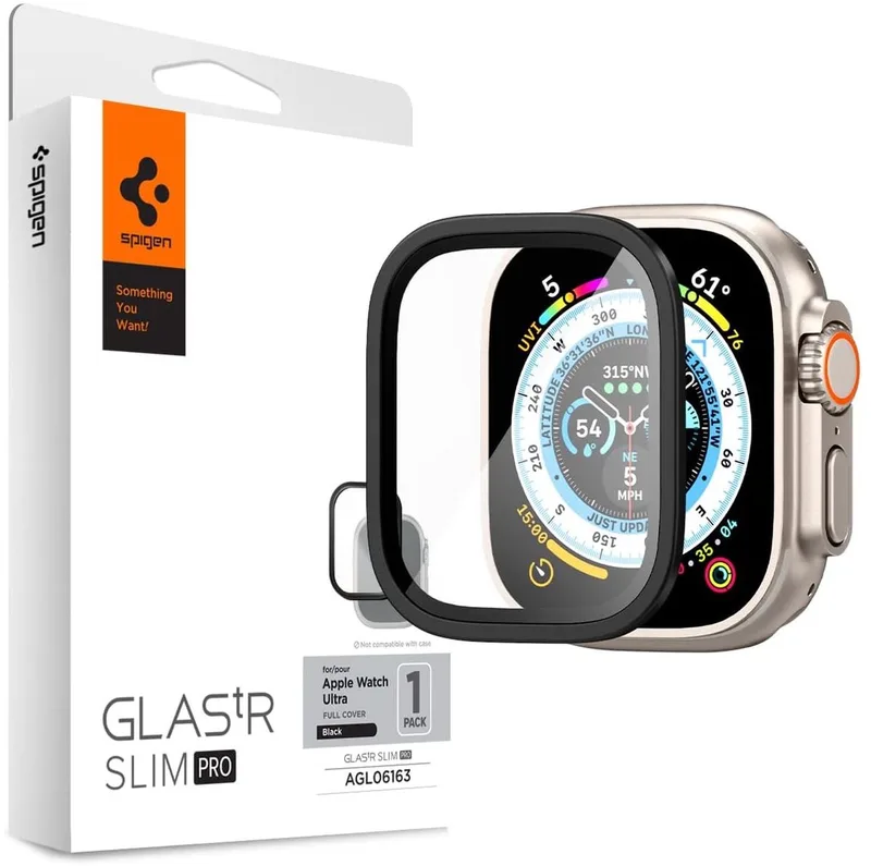 Glas.tR Slim Pro - Screen Protector Geschikt voor Apple Watch Ultra 3/2/1 - Case Friendly Tempered Glass - Zwart - 1-Pack by Spigen in Transparent – product photo