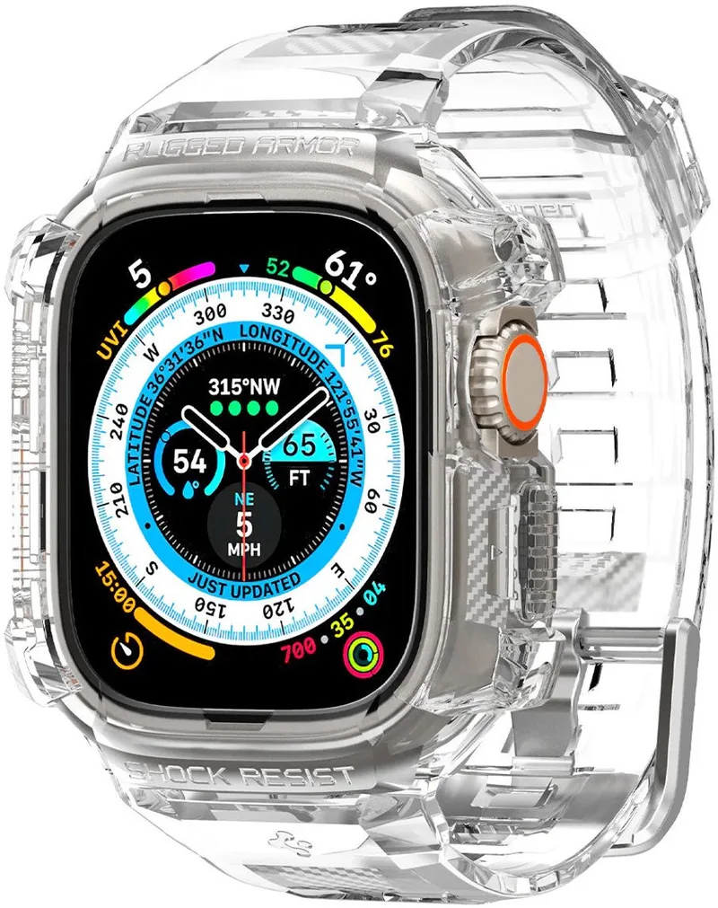 Hoesje en Bandje Geschikt voor Apple Watch Ultra 3 / 2 / 1 - Rugged Armor Pro Case by Spigen in Transparent – product photo