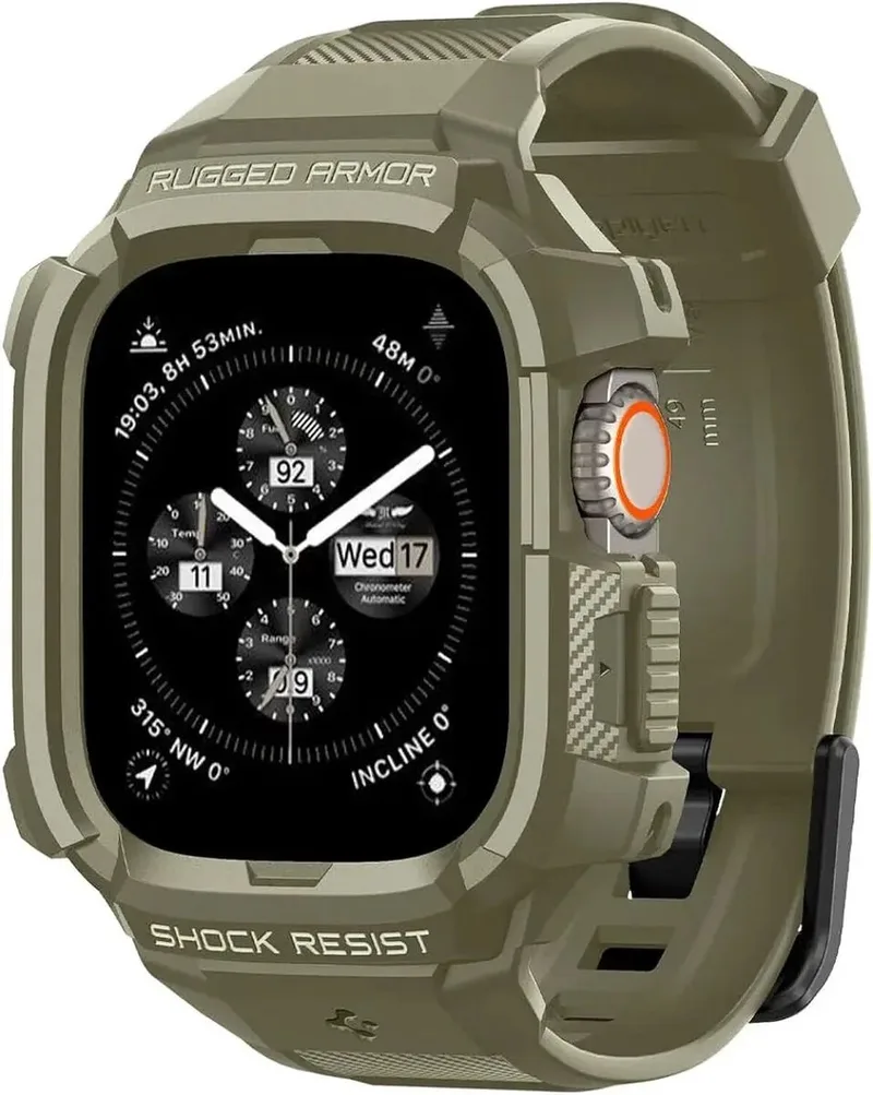Hoesje en Bandje Geschikt voor Apple Watch Ultra 3 / 2 / 1 - Rugged Armor Pro Case - Khaki by Spigen in Green – product photo
