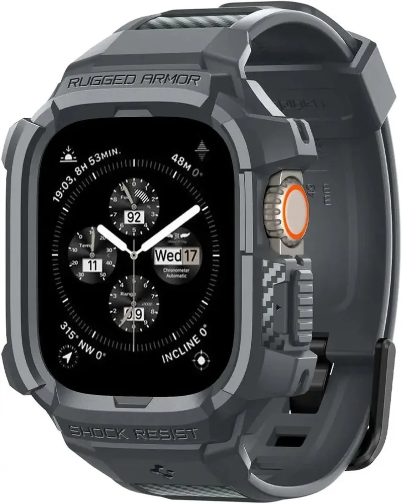 Hoesje en Bandje Geschikt voor Apple Watch Ultra 4 / 3 / 2 / 1 - Rugged Armor Pro Case by Spigen in Grey – product photo