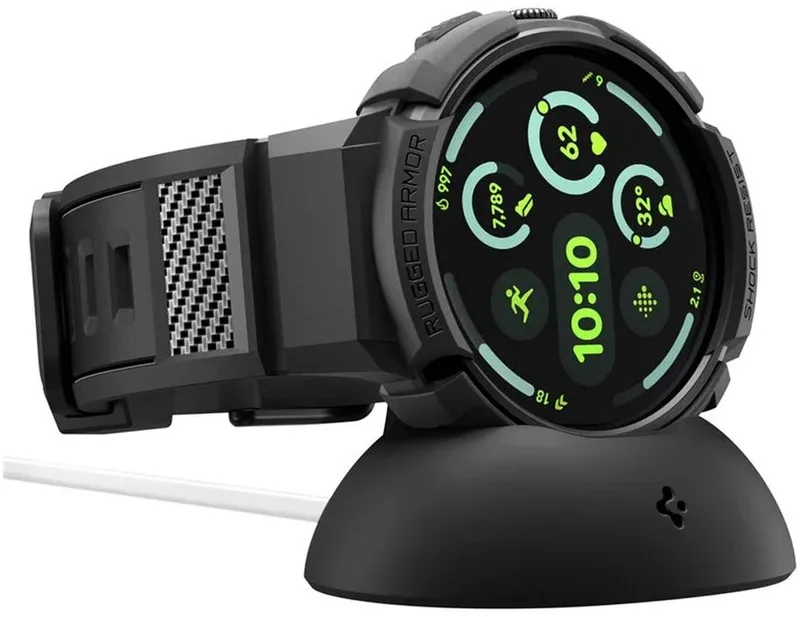 Hoesje en Bandje + Oplader Geschikt voor Google Pixel Watch 4 41MM - Rugged Armor Case + Draadloze Watch Oplaad Standaard by Spigen in Black – product photo