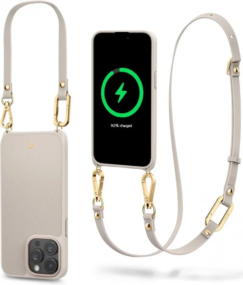 Hoesje Geschikt voor Apple iPhone 15 Pro Max - Cyrill Classic Charm - Compatibel met MagSafe - Back Cover met Koord Cream van Spigen in Bruin – productfoto