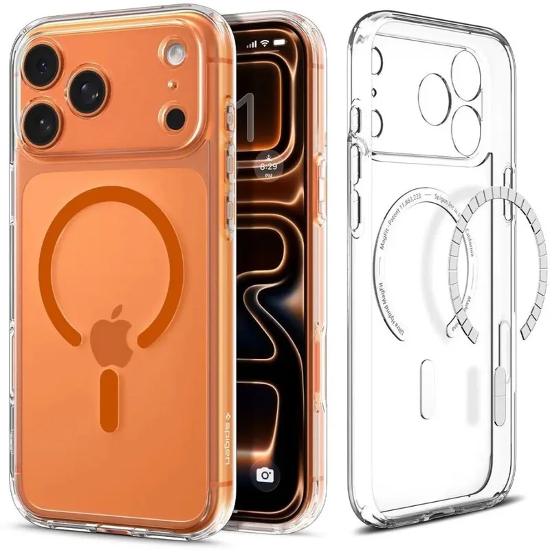 Hoesje Geschikt voor Apple iPhone 17 Pro Max - Ultra Hybrid MagFit Case - Compatibel met MagSafe / Qi2 - Back Cover Transparant fra Spigen i Orange – produktbillede