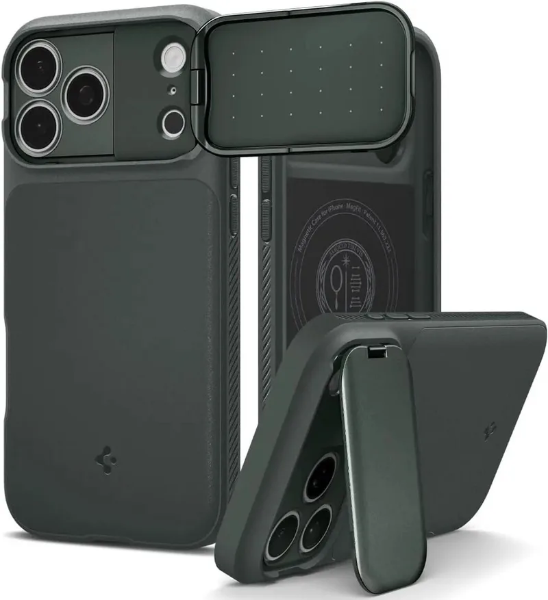 Hoesje Geschikt voor Apple iPhone 18 Pro / iPhone 17 Pro - Optik Armor MagFit Case - Compatibel met MagSafe / Qi2 - Back Cover met Camera Slider by Spigen in Green – product photo