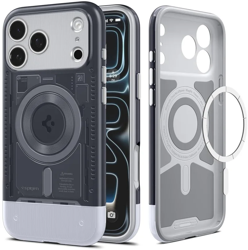 Hoesje Geschikt voor iPhone 17 Pro - Classic C1 MagFit Case - Compatibel met MagSafe - Retro Back Cover von Spigen in Grau – Produktfoto